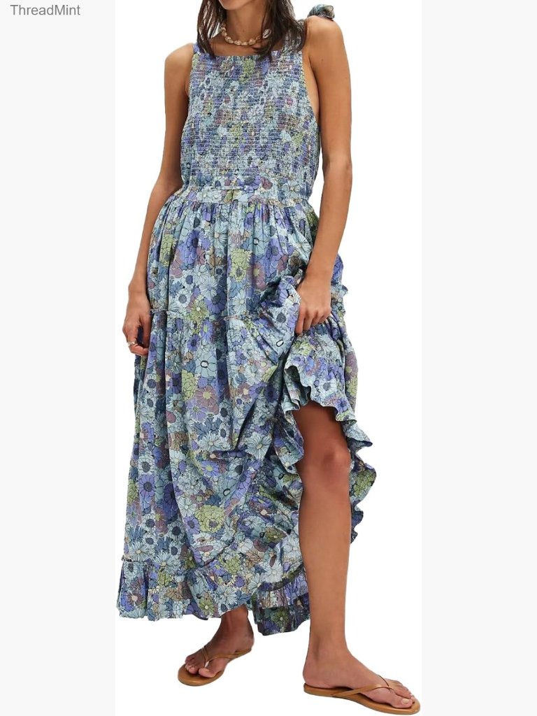 Floral Maxi Dress With Smocked Bodice And Tie Shoulder Straps